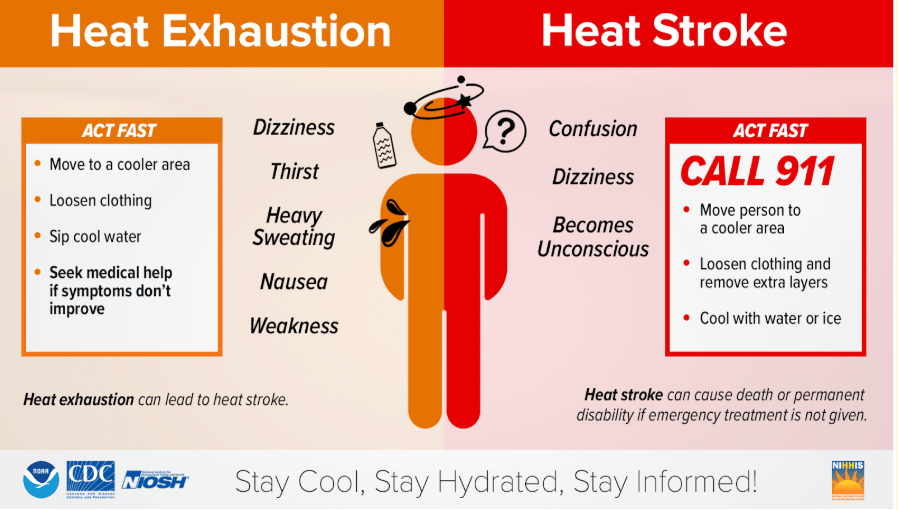 A diagram explaining heat exhaustion and heat stroke with a graphic of a figure experiencing both. Heat Exhuastion often includes dizziness, thirst, heavy sweating, nausea, and weakness, requiring moving to a cooler areas, loosing clothing, sipping cool water, and seeking medical attention if symptoms get worse. Unlike Heat Exhaustion, Heat Stroke includes unconsciousness and requires more emergent attention, such as calling 911, removing layers of clothes, and cooling with water or ice.