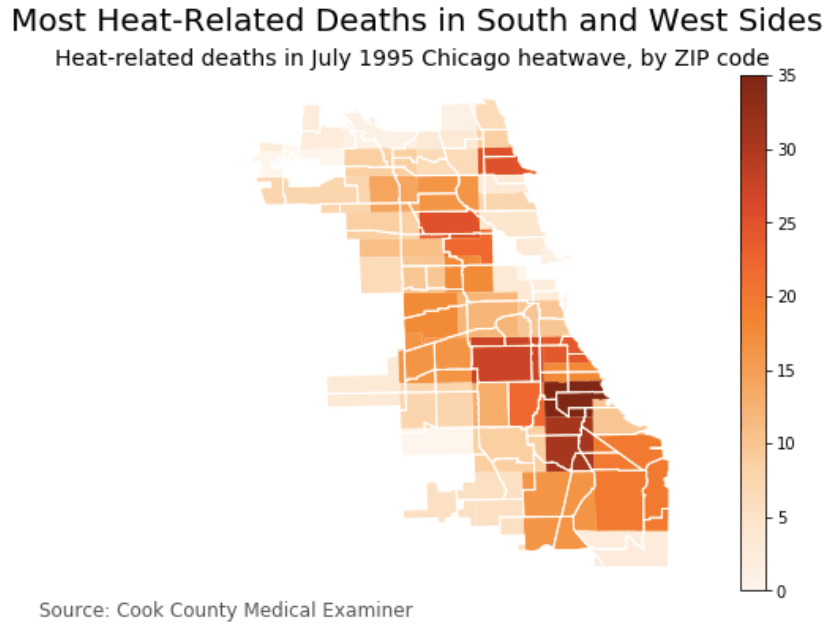 A color-coded map of Chicago that displays the 1995 heatwave deaths per zip code. It shows that southside neighborhoods have rates closer to 15-35 deaths, west side with 5-20, and northside neighborhoods on average having 0-15 deaths.