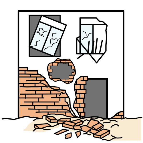 Illustration of a damaged building wall with cracks and holes, broken windows above, and a pile of fallen bricks and debris scattered on the ground in front, suggesting destruction or abandonment