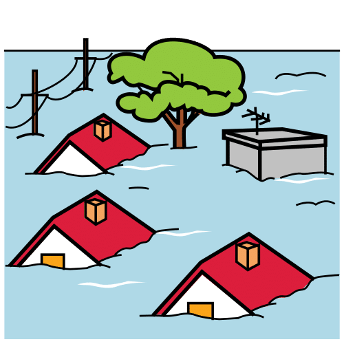 Three houses, as well as power lines and a tree, that are submerged under flood water