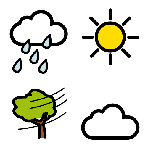 Four symbols of different weather conditions: rain, sun, wind, and cloudy