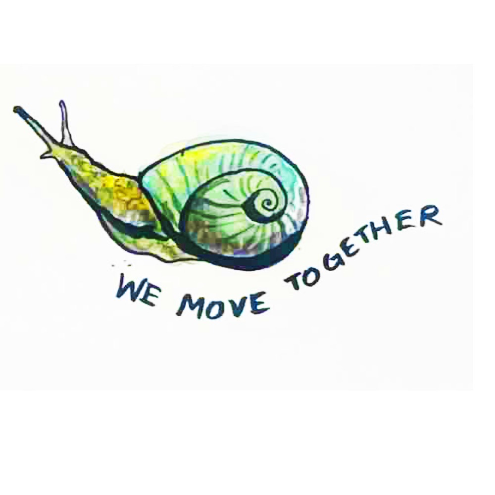There is a green snail with pretty purple and blue tones in its shell moving to the left of the page, with the words “WE MOVE TOGETHER” underneath it like a slime trail.